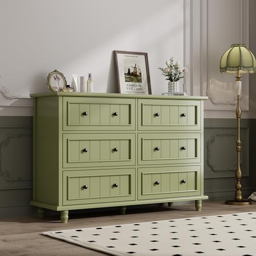 Image of Green 6 Drawer Dresser, Vintage Chest of Drawers, 47.2'' Bedroom Cabinet | Large Capacity, Farmhouse Dresser for Closet, Wood Storage Cabinet, Antique Roman Column Legs, Painted Finish, Easy Assembly