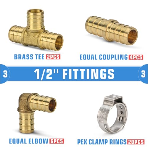 Image of iCrimp PEX Clamp Tool PEX Fitting Kit for Cinch and Removal 3 /8-in, 1 /2-in, 3 /4-in, 1-in PEX Clamps, c /w 1 /2''(20 Pack) PEX Clamp Rings, Brass PEX Crimp Fittings(12 Pack), PEX Tubing Cutter