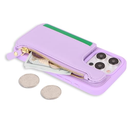 Image of Cavor for iPhone 13 Pro Case with Card Holder,for iPhone 13 Pro Wallet Case for Women Men,Leather Magnetic Clasp Zipper Pocket Protective Phone Cover-Purple