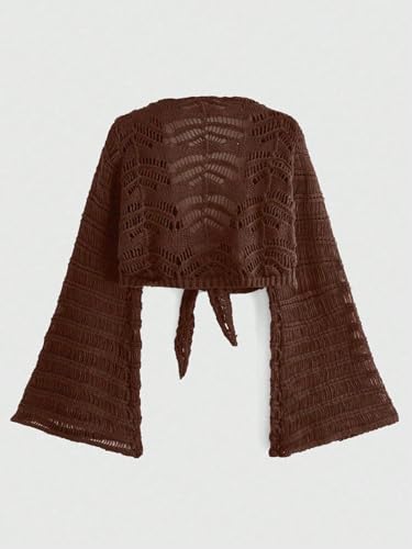 WDIRARA Women's Tie Front Long Bell Sleeve Crop Cardigan Deep V Neck Crochet Sweater Knit Outerwear2