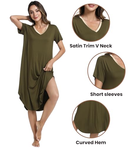 Image of NACHILA Nightgowns for Women-Viscose Made from Bamboo, V Neck Sleepshirts Short Sleeve Sleepwear Cool Nightshirt