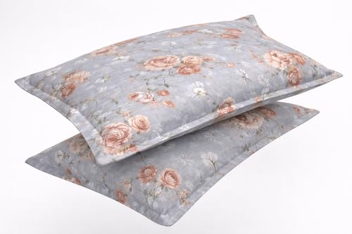 Image of BEVI Premium Microfiber 300 TC Fabric Pillow Cover | Ultra Soft & Smooth | Grey Pink Flower | Fade Resistant & Wrinkle Free | Luxury Home Decor | Pack of 2