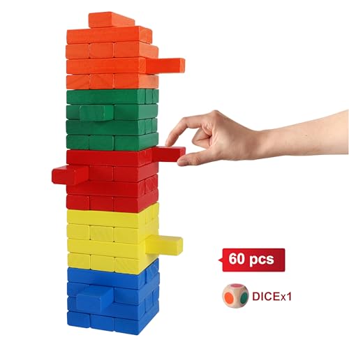 Image of GOTHINK Wooden Blocks Stacking Game with Storage Box, 60PCS Toppling Colorful Tower Building Blocks Balancing Puzzles Montessori Toys Learning Sorting Family Games Educational Toys Gifts for Kids