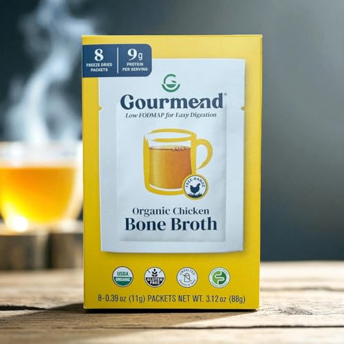 Gourmend Organic Instant Freeze Dried Chicken Bone Broth Powder – Just 7 Ingredients, Low FODMAP Certified, Filler Free, Gluten Free, Non-GMO, Onion & Garlic Bulb Free | 9g Protein | 8 Single Serve Packets