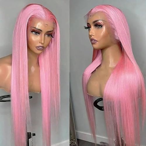 Perruque synthétique rose thermorésistante longue et raide sans colle