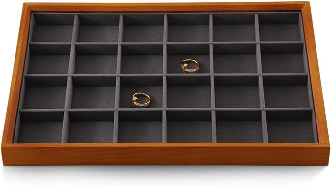 Stackable Wooden 24 Slot Ring Earring Display Tray, Velvet Lined Jewelry Accessories Brooch Storage Plate, Drawer Insert Divider Jewellery Organizer (Grey, 24 Grid Tray)