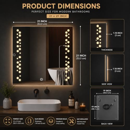 Image of LED Smart Bathroom Mirror with Touch Sensor | 3-in-1 Light Modes - Warm White | Cool White & Natural Light | Office and Home Use (Square, 21x21)