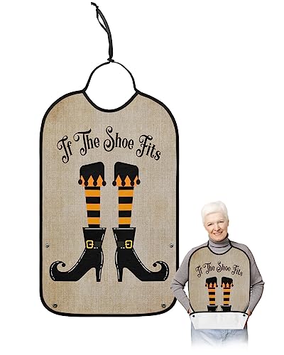 LEOKOTI Halloween Adult Bibs for Eating, Waterproof Bibs with Food Catcher & Adjustable Snap Closure, Farmhouse Rustic Brown Burlap Washable Clothing Protectors Adult Bibs for Elderly Women/Men