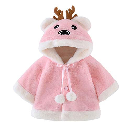 Baby Girls Winter Fall Coat Snowsuit,Christmas Toddler Cartoon Deer Hooded Thick Keep Warm Cape Fleece Jacket Outerwear (Pink, 12-18 Months)