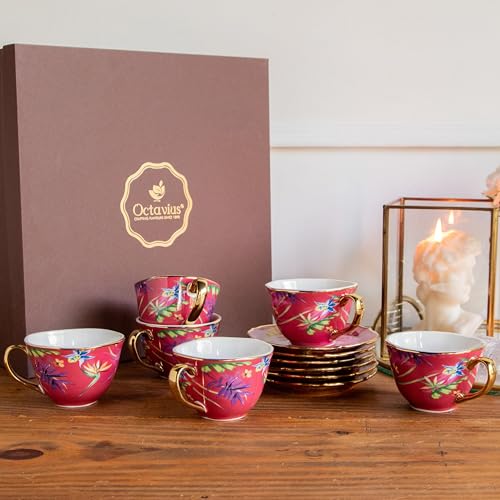 Image of Octavius Imperial Crimson Bloom Tea Set - 6 Porcelain Cups & Saucers, 200ML | Fine Floral Design with Gold Rims & Handles | Elegant Tea Set for Gifting, Home & Special Occasions