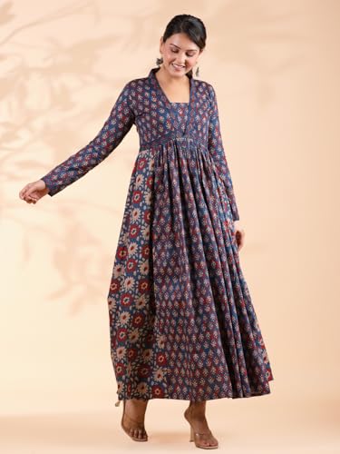 Image of Vbuyz Women's Floral Print Anarkali Cotton Aqua Blue Stitched Kurta | Anarkali Kurti for Women | Kurta for Women