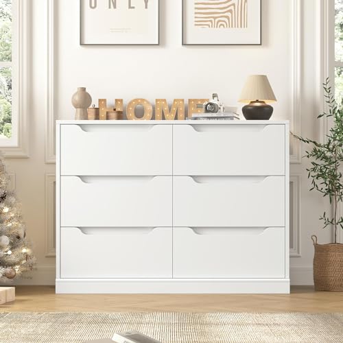 HOSTACK-Modern-6-Drawer-Dresser-for-Bedroom-Double-Chest-of-Drawers-with-Storage-Large-Wooden-Storage-Dresser-Organizer-with-Cut-Out-Handles-Accent-Storage-Cabinet-for-Living-Room-Entryway-White HOSTACK Modern 6 Drawer Dresser for Bedroom Double Chest of Drawers with Storage Large Wooden Storage Dresser Organizer with Cut Out Handles Accent Storage Cabinet for Living Room Entryway White