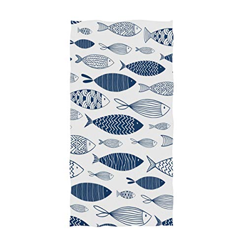 Naanle Trendy Ornamental Fishes Pattern Soft Highly Absorbent Large Decorative Hand Towels Multipurpose for Bathroom, Hotel, Gym and Spa (16 x 30 Inches,Blue White)
