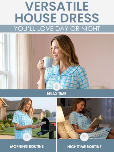Image of Casual Nights Women's Snap - Front House Dress Short Sleeve Woven Housecoat Duster Lounger Robe with Pockets