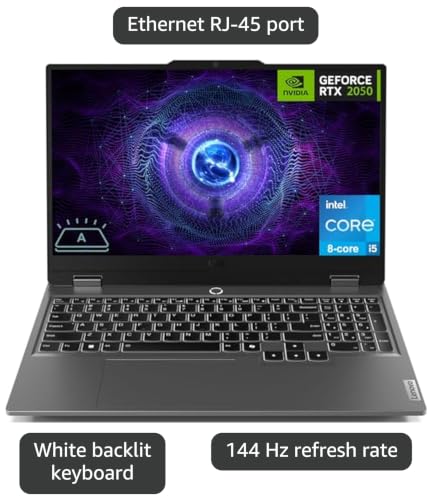 Image of Lenovo LOQ Gaming Laptop, 15.6 inch FHD 144Hz Display, 8-core Intel Core i5-12450HX Processor, GeForce RTX 2050, 16GB DDR5, 512GB SSD, Wi-Fi 6, Ethernet, USB-C, HDMI, Backlit Keyboard, Windows 11 Home