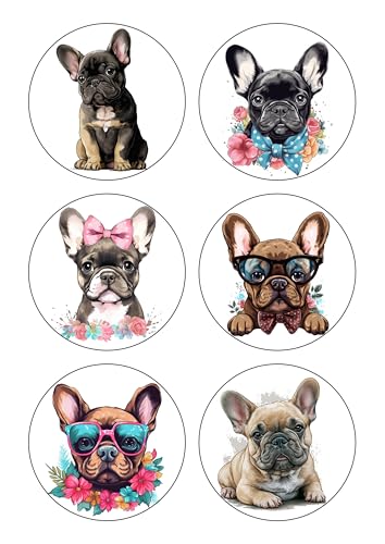 French Bulldog Frenchie's Selection Card Making Toppers Self Adhesive Circles - Glossy Finish Medium 88mm (3.5 inches) Diameter - Pack of 12 (Two Sheets of 6) - Crafts Labels