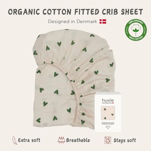 Image of Crib Sheets - Organic Cotton Muslin Fitted Crib Sheet - Standard Size for Baby Boy and Baby Girl 28 inch x 52 inch Ultra-Soft and Breathable. (Green Hearts)