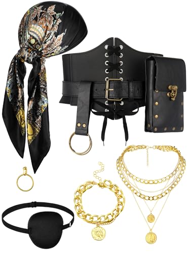 Fourluoo 9 Pcs Pirate Costume Accessories Women Head Scarf Corset