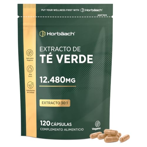 Té Verde Cápsulas 12480mg | Extracto de Hoja de Té Verde de Máxima Potencia | 6240mg por cápsula | 120 Comprimidos Veganos | by Horbaach