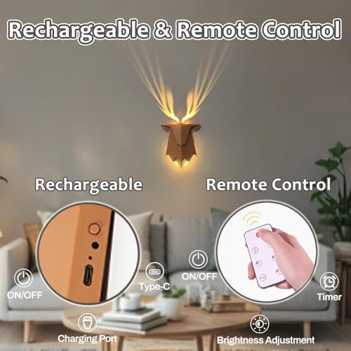Image of Deer Shadow Lamp, Deer Antler Shadow Wall Lamp with Remote Control, Nail-Free Wall-Mounted Night Light for Bedroom, Living Room, Hallway, Battery Powered and Removable Rechargeable