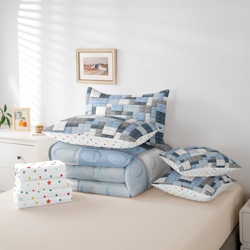 Erosebridal Construction Bed In A Bag Queen Comforter Set 7 Piece,3D Building Blocks Bedding Sets,Colorful Sheet Set With Comforter Kids Boys Bricks Rainbow Gradient Room Decor For Teen Girls,Blue Grey White thumb #5