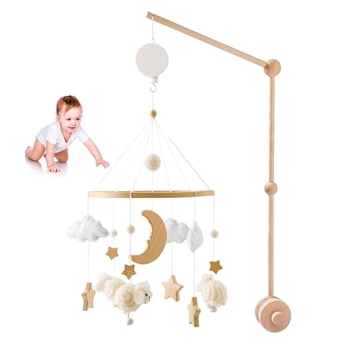 Mobile Musical en Bois avec Support Réglable et Boîte à Musique Décoration de Berceau Garçon et Fille (Beige)