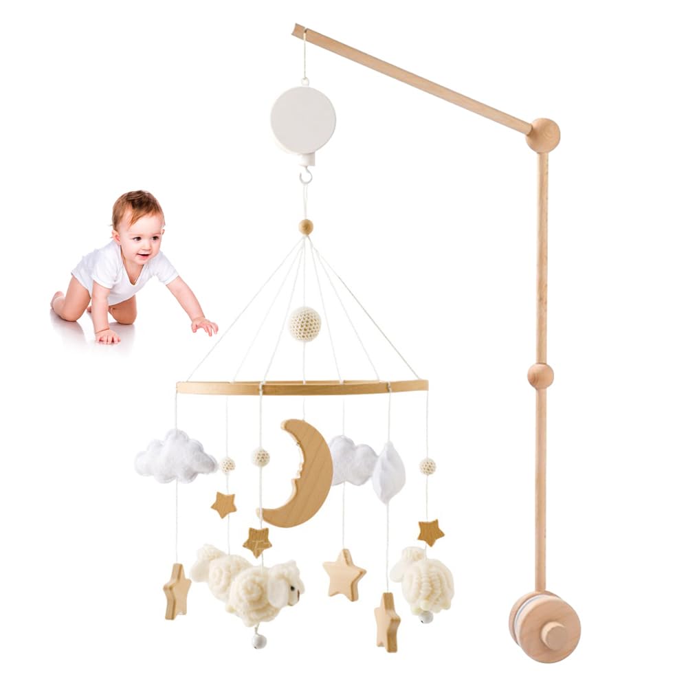 Mobile Lit Bébé Mouton avec Support Mobile Bébé Réglable et Boîte à Musique, Mobile Bébé Bois, Mobile Musical Lit Bébé, Carillon de Vent Suspendu pour Lit Bébé, Cadeau Bébé Nouveau-né (Beige)