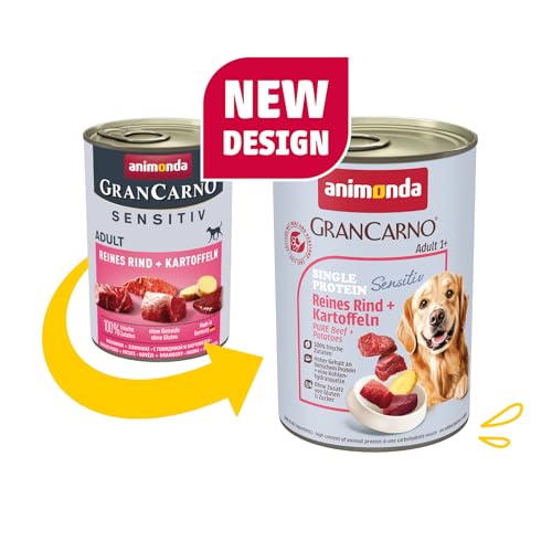 animonda GranCarno Hunde Nassfutter Sensitiv Reines Rind + Kartoffeln (6 x 400g), getreidefreies Hundenassfutter ohne Zucker, für ausgewachsene Hunde, mit frischen fleischigen Zutaten