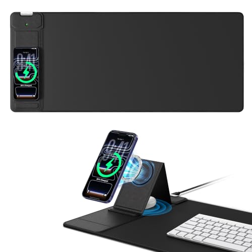 Image of Mouse Pad with Magnetic Wireless Charging & Adjustable Phone Stand | 27.5 inchx11.8 inch Computer Mouse Mat with Anti-Slip Base & Stitched Edge, Easy Gliding, Spill-Resistant Surface, Black