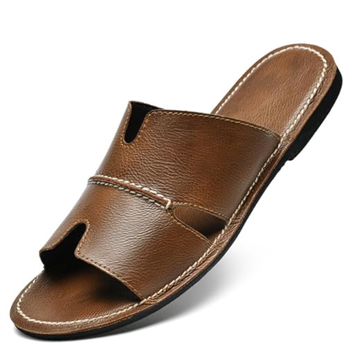 Men's Genuine Leather Flat Sandals Summer Classic Round Toe Slip-On Soft Sole Beach Walking Slippers3