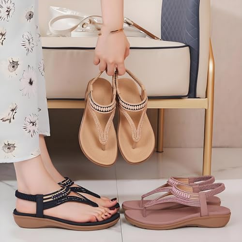 Women's T-Strap Flat Sandals With Sparkling Rhinestones, Sparkly Flat Sandals2