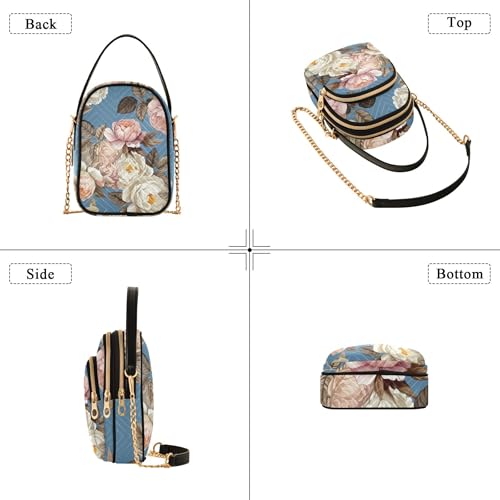 Women's Shoulder Handbag Decorative Phone Wallet Chain Strap Purse Quilted Zipper Bowler Tote Ladies Satchel Pink White Floral Peony Rose Blue4