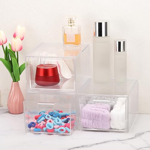 Image of Tbestmax 3 Pack Stackable Makeup Organizer Drawers, 4.5'' Tall Clear Plastic Bathroom Counter Organizers, Cosmetics Storage Bins for Vanity, Undersink