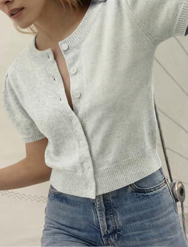 Image of Womens Puff Short Sleeve Cardigan Sweaters Cropped Button up Lightweight Y2k Knit Summer Cardigans