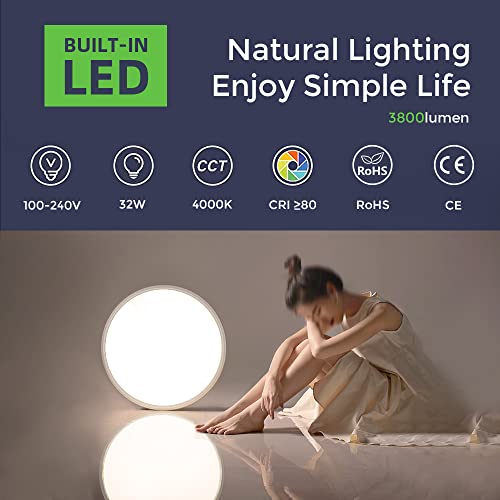 LightingWill 15.7 Inch LED Flush Mount Ceiling Light Fixture, 4000K Nurture White, 3800LM, 32W, Flat Modern Round Lighting Fixture, 320W Equivalent White Ceiling Lamp for Kitchens, Bedrooms.etc.