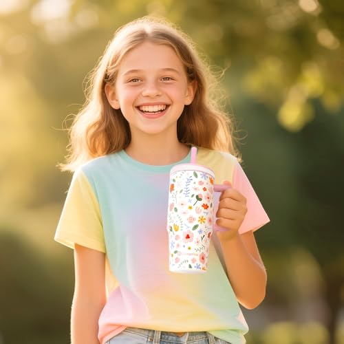 Luxgola 24 oz Tumbler with Handle, Leak-Proof Screw-On Lid with Removable Silicone Straw, Spill Proof, Reusable Stainless Steel Insulated Water Bottle, Gift for Children and Adults, Flowers