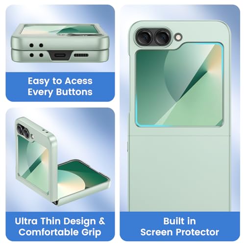 Image of Ruky for Galaxy Z Flip 6 Phone Case, Built-in Back Screen Protector, Hard PC Ultra Slim Anti-Scratches Shockproof Wireless Charging Phone Case for Samsung Galaxy Z Flip 6, Mint Green