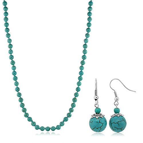 Gem Stone King 24 Inch Stunning Beads Simulated Turquoise Howlite Necklace and Earrings Set