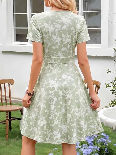 Image of MSBASIC Womens Summer Wrap V Neck Casual Dresses Floral Short Sleeve A-Line Midi Sundress