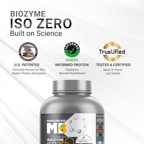 Image of MuscleBlaze Biozyme Iso-Zero Whey Protein Isolate Powder, 2kg (4.4lbs) | Ice Cream Chocolate | 27g Protein Per Scoop | USA Patent-Published Enhanced Absorption Formula (EAF)