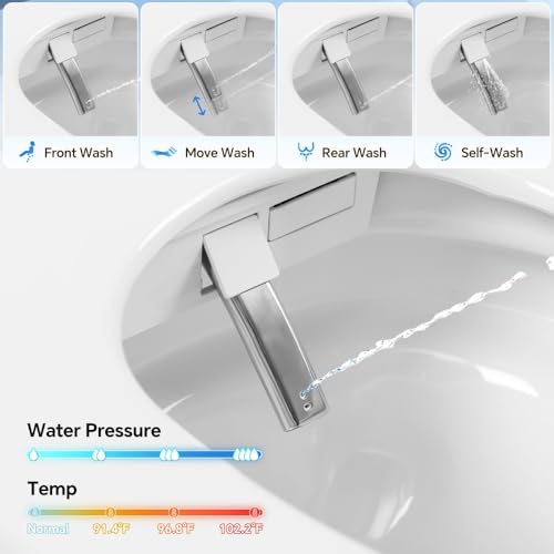 Inodoro inteligente bidé altura ADA con asiento alargado calefaccionado, doble descarga potente, lavado frontal y trasero multi-modo, 4 niveles de temperatura y presión de agua, secador de aire cálido, cerámica fácil de limpiar, plateado/blanco miniatura 4