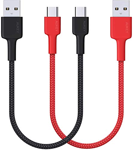 Short USB C Cable AUKEY (0.7ft 2 Pack) USB Type C Cable 0.2m Fast Charging Cord for Samsung Galaxy Note9 S10 S10+ S9 S8, LG V40 V30 G6 G5, HTC U12+ 10, Power Bank, Portable Charger - Red Black