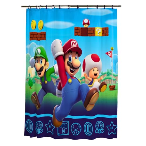 Super Mario 13-Piece Shower Curtain Set 72 x 72 Inch Fabric Curtain with Hooks Bathroom Decor Machine Washable (100% Officially Licensed Product) by Franco Collectibles