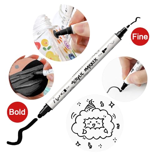 TRANSON 4 Black and 4 White Paint Markers Bold and Fine Dual-tip Acrylic Paint Marker Set for Rock Painting Glass Canvas Wood Leather Ceramic Painting
