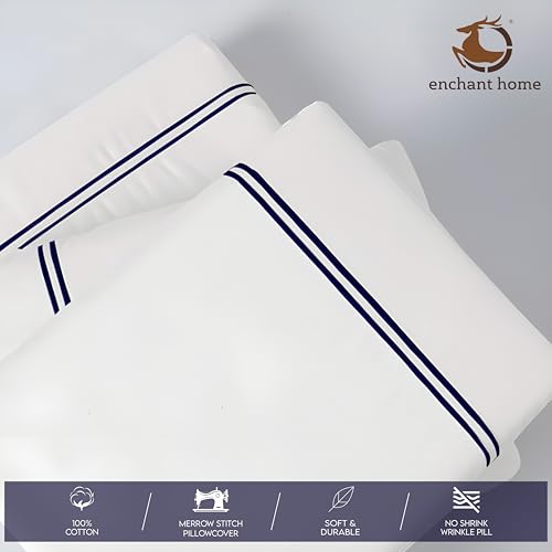 Image of Pure Cotton 500 TC Solid Pillow Cover Set | Greek Embroidered Pillow Cover Set | Percale Weave | 18 X 27 Inches (2, White - Navy Blue)