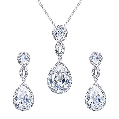 EVER FAITH Elegant Austrian Crystal Clear Zircon Jewelry Set for Bride Bridesmaid, Wedding Prom 8-Shape Necklace Earring Sets for Women Silver-Tone