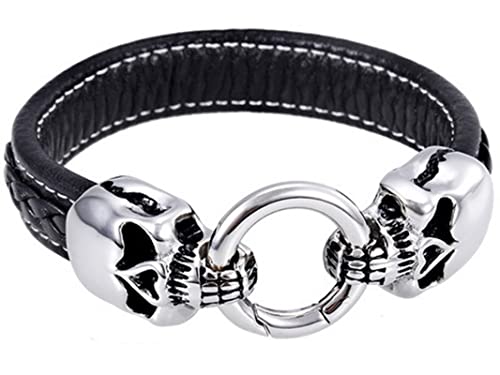 Bracelet en cuir tressé KnSam avec têtes de mort et acier inoxydable punk 22.7cm