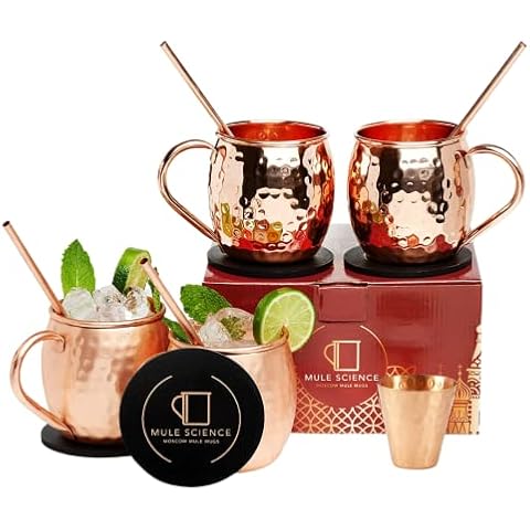 Advanced Mixology [Gift Set] Mule Science Moscow Mule Mugs Set of 4 (19 oz. large size) | 100% Handcrafted | Food Safe | Copper Mugs w/Accessories | Tarnish Resistant Copper Cups Cover