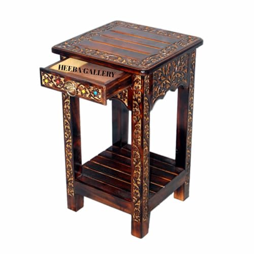 Image of Wooden Stool-Natural Wood Antique Look Side Table with Two Drawer for Living Room (Brown, 14 x 14 x 21 inch) || AS(2D) (Square Stool)