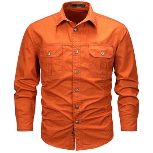 Hombre Camisas de Trabajo de Algodón, Ropa de Militar de Manga Larga con Botones,Cargo Shirts, 2 Bolsillos, Regular Fit para Pesca, Tala, Senderismo, Caza，Naranja，XS